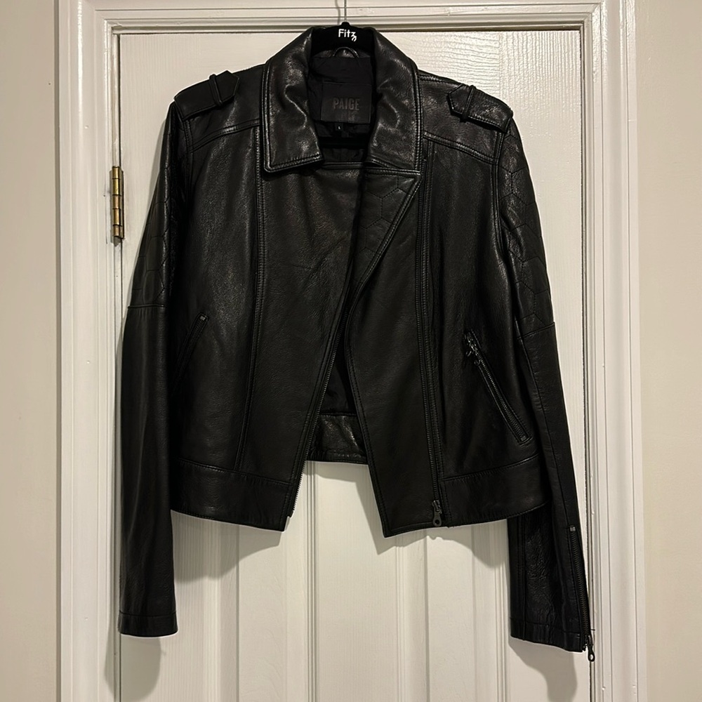 Paige 100% leather with 100% silk lining jacket with hexagon pattern detail - Picture 1 of 4
